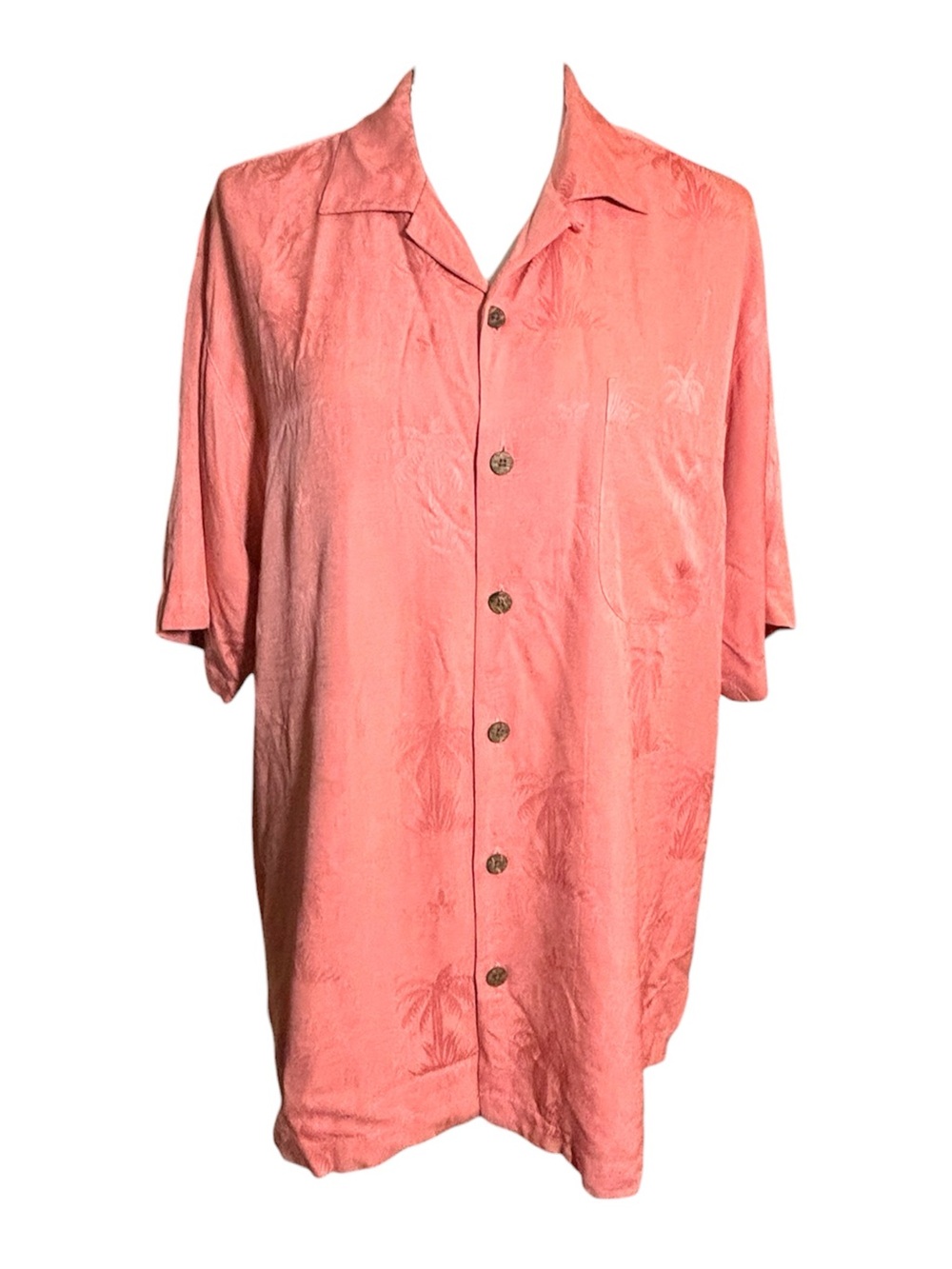 Men’s Tommy Bahama Coral Silk Palm Print Button Front Short Sleeve Shirt Medium